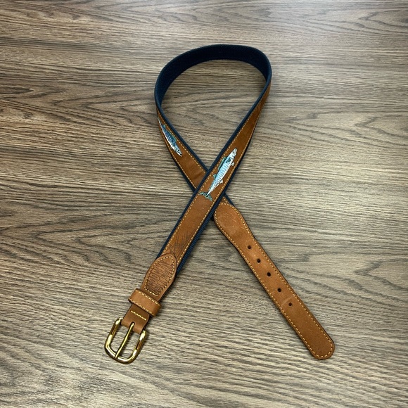 Zeppelin Navy & Brown Leather Embroidered Fish Belt 36